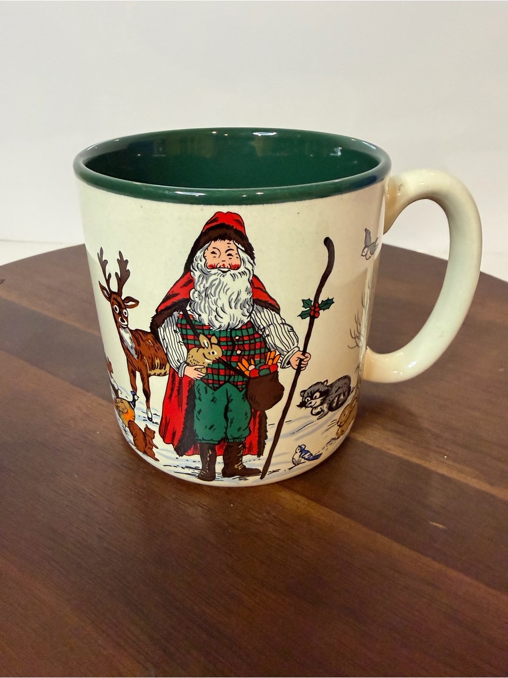 Vintage 1993 Potpourri Press Woodland Santa Christmas Mug Green Interior Korea